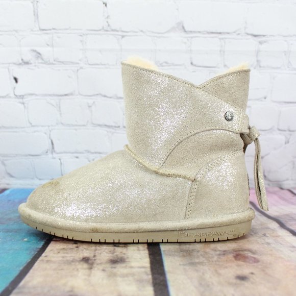 BearPaw Other - Bear Paw Youth Mia Silver Suede Tassel Back Sheepskin Lined Winter Boots US 3